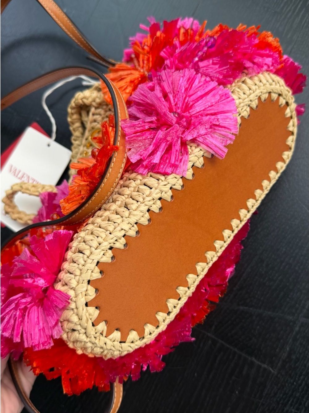 Valentino Garavani Raffia shopping Tote bagwith Pink and Orange Floral summer - Picture 5 of 9